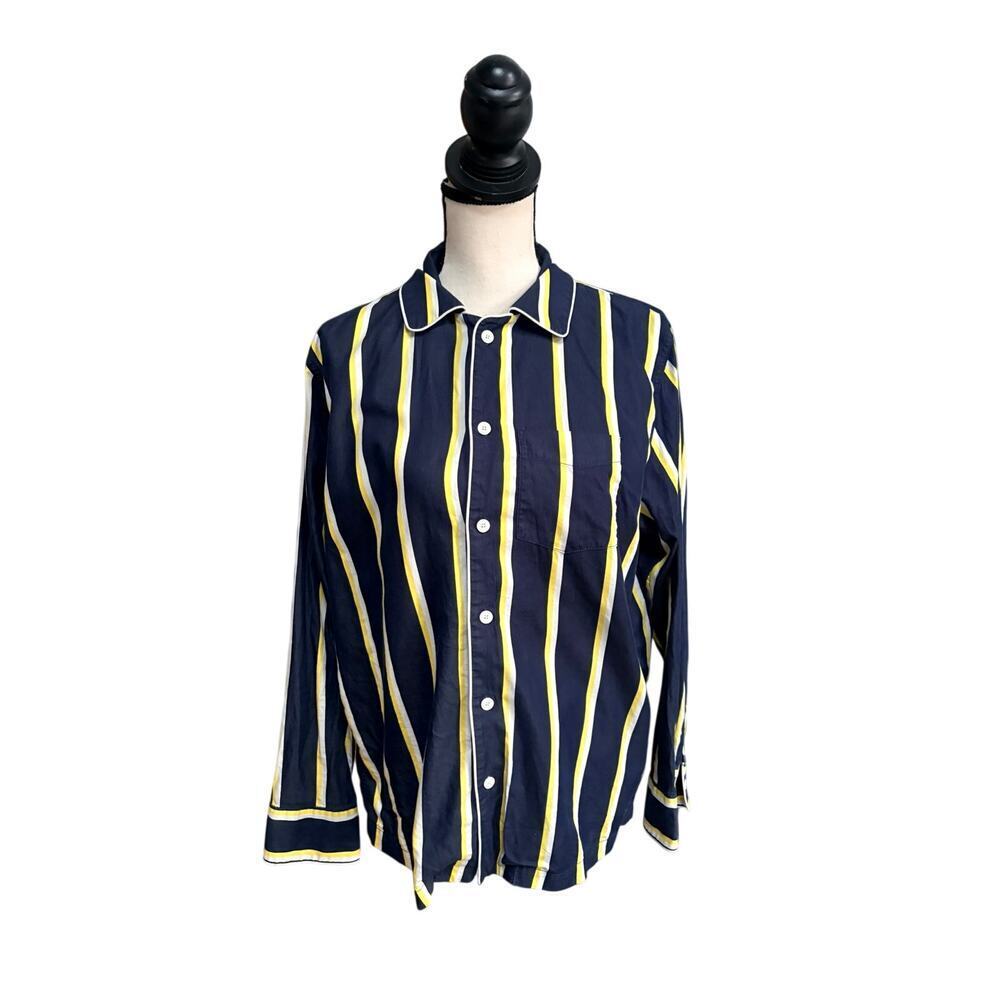 Sleepy Jones Henry Pajama Shirt Mens Small Navy Yellow Stripe Cotton